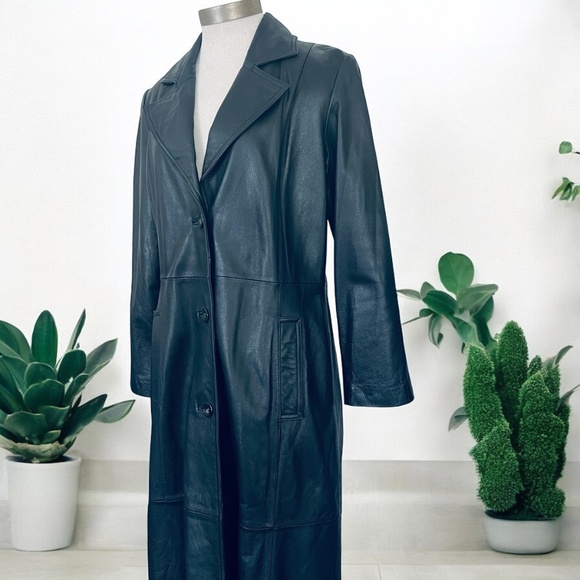 WINLIT New York Size Medium Black Leather Trench Coat Mob Wife Matrix 80s VGC - Picture 3 of 14